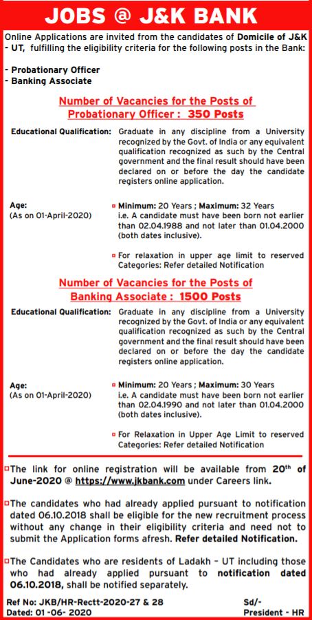 J&K BANK Recruitment 2020» Latest BA and PO 1850 Vacancy, Apply Online, Notification at www.jkbank.com