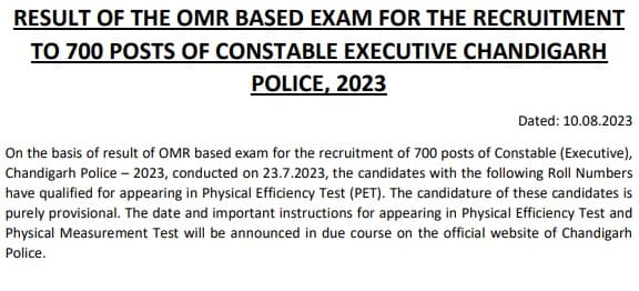 Chandigarh Police Written Exam Result